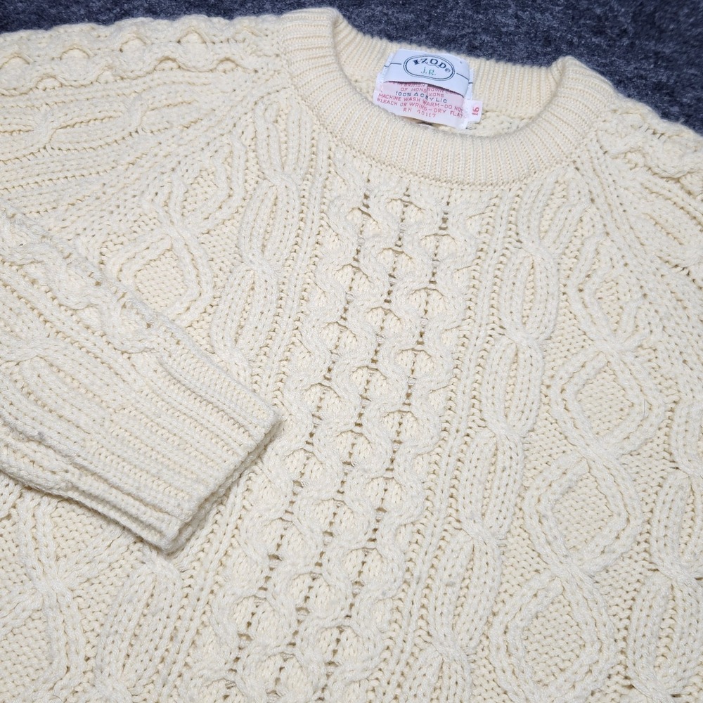 IZOD JG Youth Ivory Cable Knit Fisherman Chunky Sweater Crew Neck 16 Acrylic